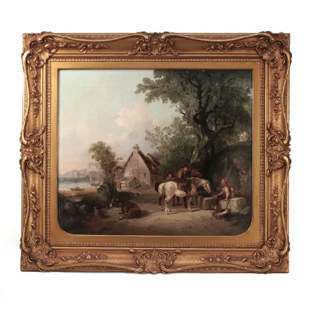19th Century Dutch or Flemish Oil Painting on Canvas Signed MT 1854